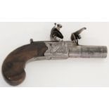 18th Century flint lock box lock pocket pistol with slab grip folding trigger engraved frame