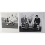 George Best, signed 8 x 10 Press photos, one with Sir Matt and Sports Trophy, the other during a