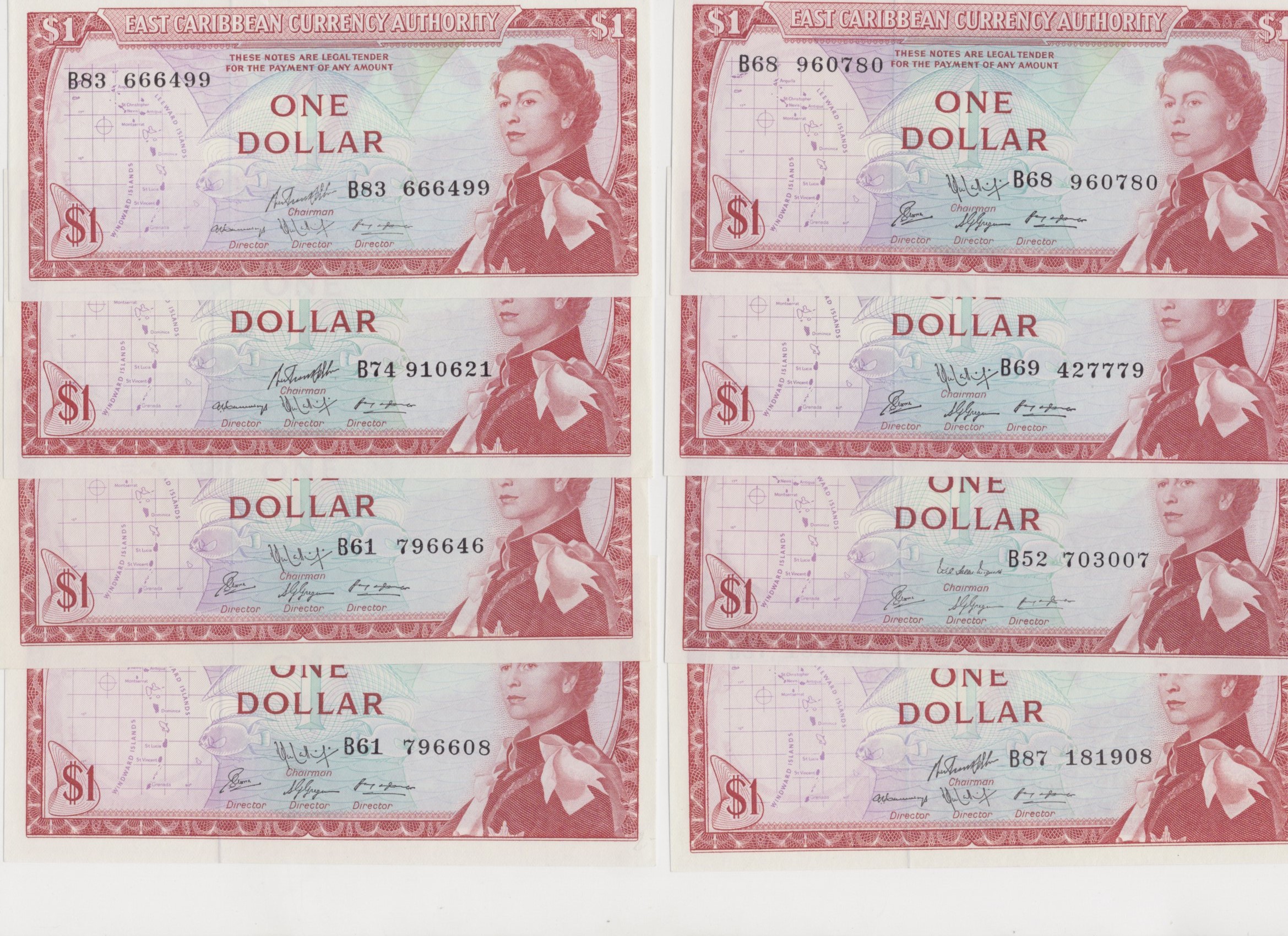 Eastern Caribbean (8) 1 Dollar P13 (1965), all Unc/aUnc