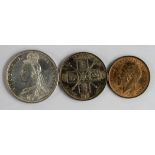 GB Coins (3): Halfcrown 1887 Jubilee GEF, Florin 1887 Jubilee EF, and Halfpenny 1924 EF to GEF