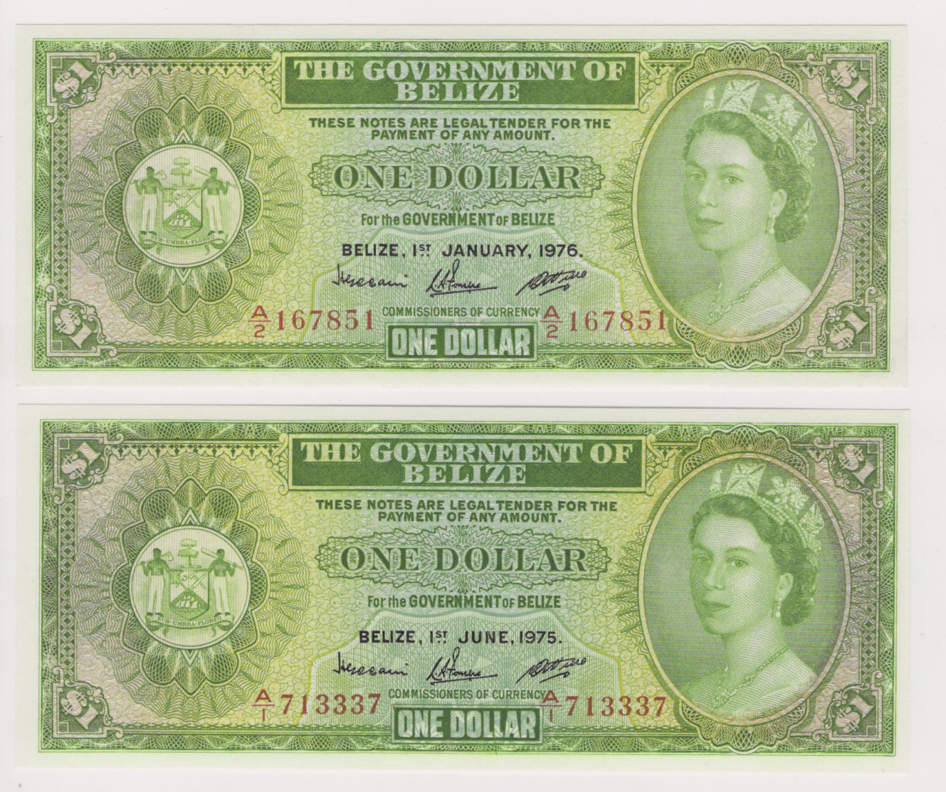 Belize (2) 1 Dollar P33b, first prefix A/1 (1975), 1 Dollar P33c, A/2 prefix (1976), Unc