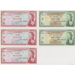 Eastern Caribbean (5), 5 Dollars (2) P14m, 1 Dollar (3), rarer Montserrat issue, (1965), all Unc/