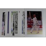 Cricket, signed Press photos, 8 x 12 and smaller inc. Thorpe/Stewart, Clive Lloyd, Shane Warne,