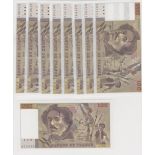 France (9) 100 Francs P154h, many consecutive notes (1995), all Unc/aUnc