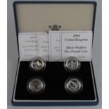 One Pound Silver Proof Piedfort four coin set 2004 - 2007 FDC boxed as issued