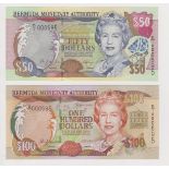 Bermuda (2) 100 Dollars P55a, 50 Dollars P54a, (24 May 2000) with matching serial number D/1 000595,