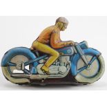 German tinplate clockwork motorcycle & rider, key missing, untested, length