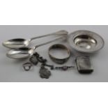 Silver. A group of silver items including, ashtray, teo serving spoons, pocket watch chain & fob,
