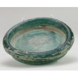 Rare Roman Glass plate, ca. 200 AD; good sized plate with thick rolled rim; thick and well preserved