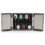 Six silver & enamel coffee spoons, hallmarked 'T&S, Birmingham 1956', contained in a fitted case