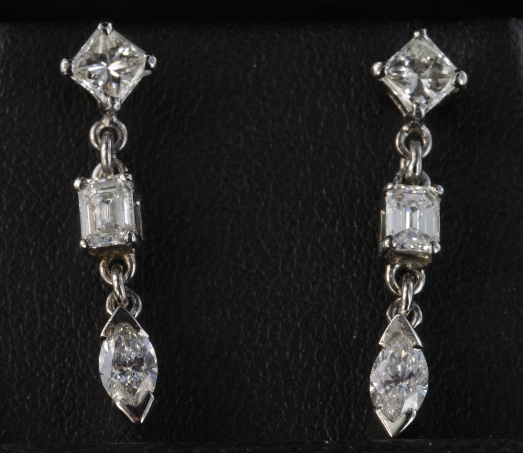 18ct white gold emerald, princess and marquise cut diamond drop earrings, 1.74ct total, weight 3.