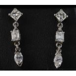 18ct white gold emerald, princess and marquise cut diamond drop earrings, 1.74ct total, weight 3.