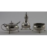 Silver three piece condiment set with two silver spoons (one with blue glass liners), hallmarked '