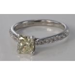 18ct white gold princess cut diamond ring with diamond shoulders, size M, weight 3.0g.