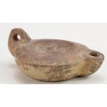 Ancientr Roman Terracotta Oil Lamp , ca. 200 - 300 AD; well preserved with central section depicting