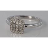 18ct white gold cushion shaped multi diamond cluster ring, size M, weight 3.0g.