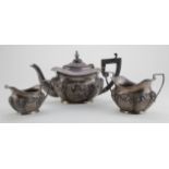 Silver three piece tea set, comprising teapot, sugar bowl & milk jug, hallmarked 'MJJ, Birmingham