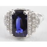 18ct white gold fine emerald cut sapphire dress ring with step down diamond shoulders, size N,