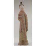 Chinese Tang Figurine of a Court Lady, ca.618–907 AD; A good sized hollow-moulded clay terracotta