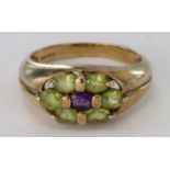 9ct Gold Peridot and Amethyst Ring size O weight 3.6g