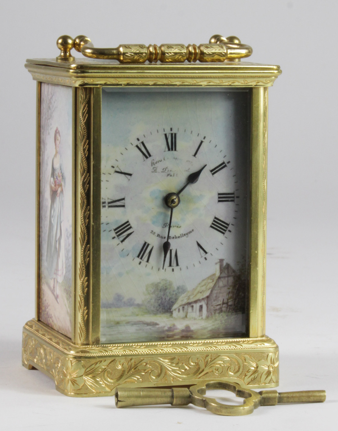 Brass ornately decorated carriage clock by A. Drocourt, circa 19th century, handpainted dial &