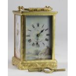 Brass ornately decorated carriage clock by A. Drocourt, circa 19th century, handpainted dial &