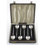 Six silver & enamel coffee spoons, hallmarked 'HCD, Birmingham 1948 (?)', contained in a fitted