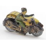 Tinplate clockwork AA motorcycle & sidecar with rider, key missing, untested, length 80mm (scarce in