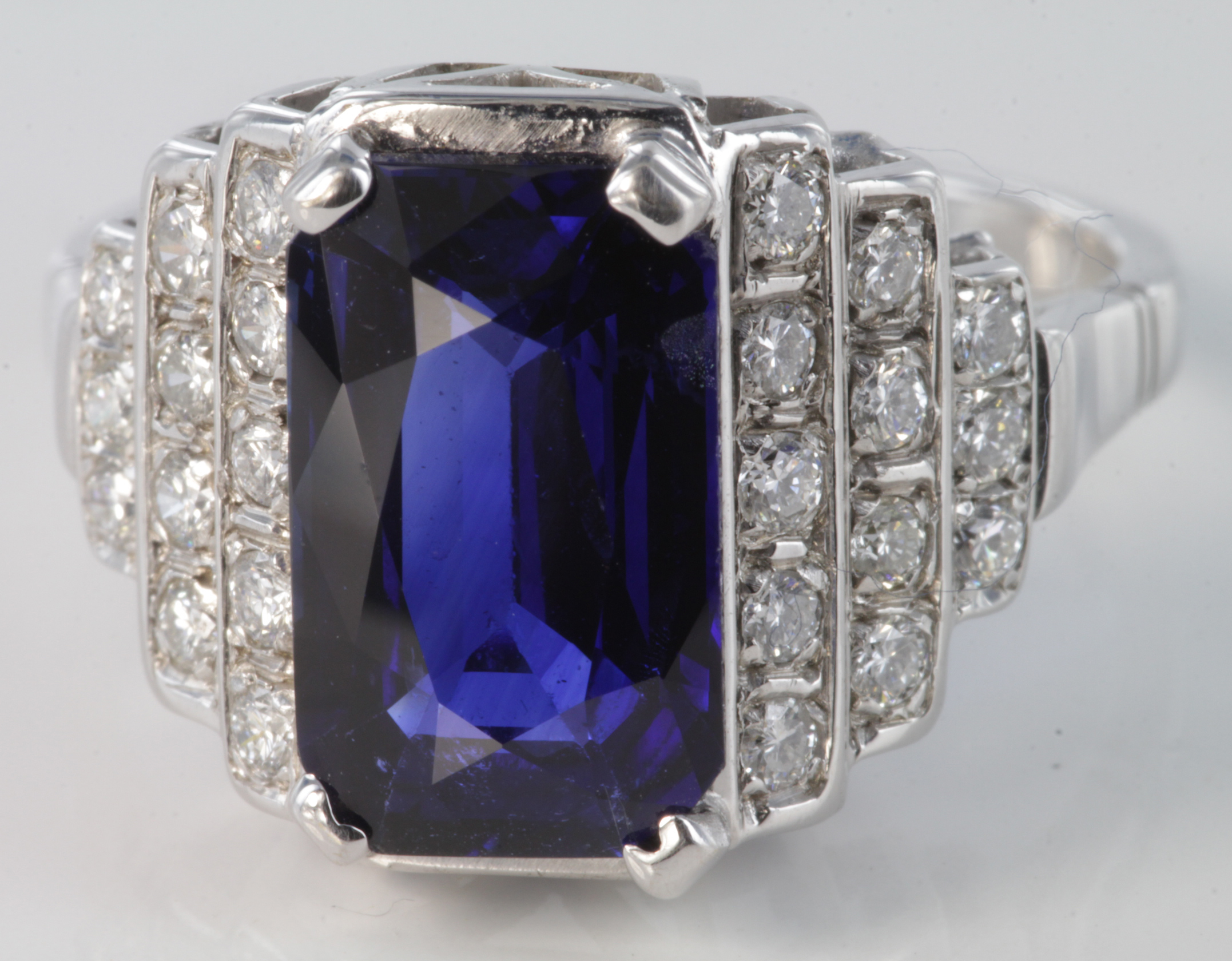 18ct white gold fine emerald cut sapphire dress ring with step down diamond shoulders, size N, - Image 2 of 2