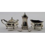 Silver three piece condiment set with two silver spoons (two with blue glass liners), hallmarked '
