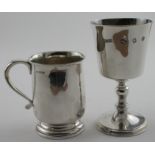 Small silver tankard/christening cup and silver goblet hallmarked respectively for W&H Sheffield,