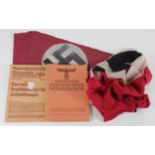 German 1940 dated N.S.D.A.P party flag with German pennant and three 1940 dated German booklets.