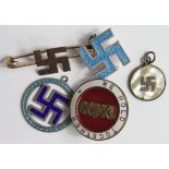 Fascist British badge "We hold together" + 3 silver Swastika items and one 9ct. Gold Swastika brooch