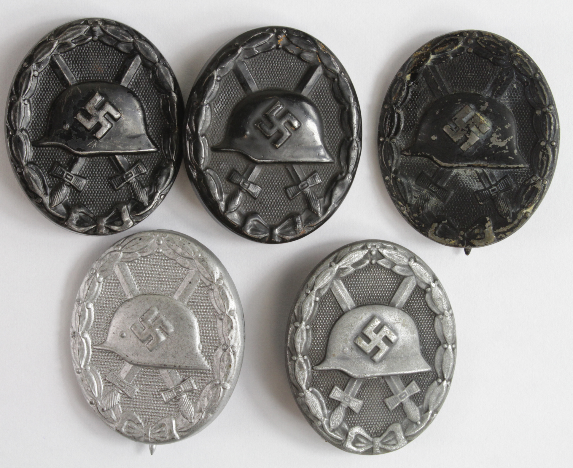 German WW2 Wounds Badges - Silver maker marked '4' to pin, Silver maker marked '81', Black maker