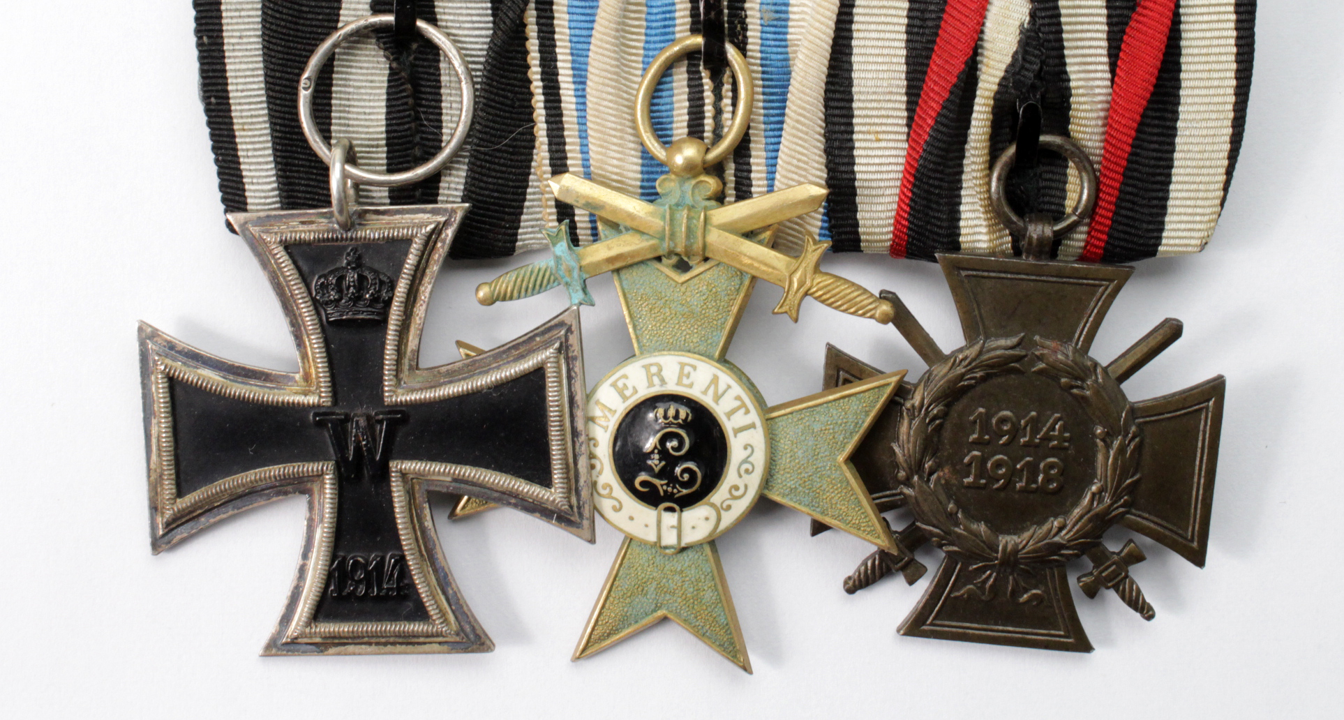 Iron Cross 2nd Class maker marked, Bavarian Military Merit Cross with Swords 2nd Class, and Honour