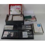 GB - banana box tray of various material inc QE2 used, binder of Presentation Packs, shoebox of