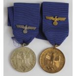 Wehrmacht Long Service Awards for 4 Years and 12 Years, both with eagle pins to ribbons. (2)