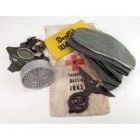 German - various items inc 1943 Berlin Red Cross cloth bag, yellow Wehrmacht armband, 3x soft side