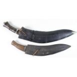 Indian Kukris: 1) a military type circa WW1 blade 13". Plain wood grip, unmarked in leather