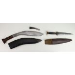 Knives: 1) An African dagger, blade 6.75" with diamond type decoration. In a plain leather sheath.