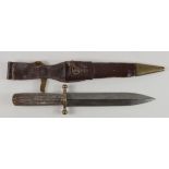 German Hunting dagger with brass crass guard stamped '24. J.D.', and stag horn grips, with a leather