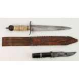 Knives: 1) An Indian dagger D/E blade 8" ribbed bone grip with steel ball pommel. In its leather