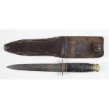 Knife: A 'Taylor Withers' fighting knife circa WW2. D/edged blade 7" with leather washer hilt. Brass