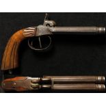 Belgian percussion double barrelled saloon pistol. Twin barrels 4" round cannon muzzles with