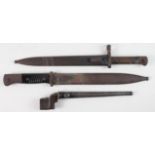 Bayonets: 1) WW1 Austrian Model 1895 Knife Bayonet. Good blade marked 'OEWG' & 'G'. In its blued