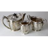 Silver three piece tea set, comprising teapot, sugar bowl & milk jug, hallmarked 'R&B, Sheffield