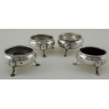 Four George III silver open salts; some hallmarks rubbed. 3 datable to London, 1760, 1768 & 1770.