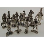 Collection of thirteen silver figurines, each depicting a Charles Dickens character, includes,