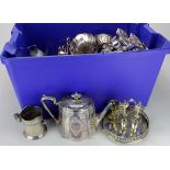 Large box of mixed silver plated items, includes trays, candlesticks etc.