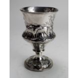 Victorian silver goblet, embossed decoration depicting two sheep in a field, hallmarked 'London 1844